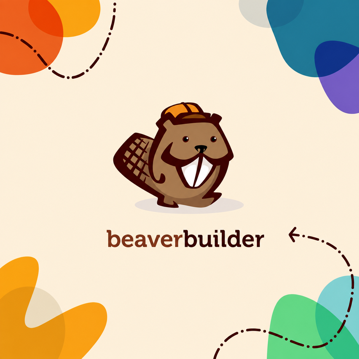 Beaver Builder character and wordmark surrounded by colorful shapes and wandering trails