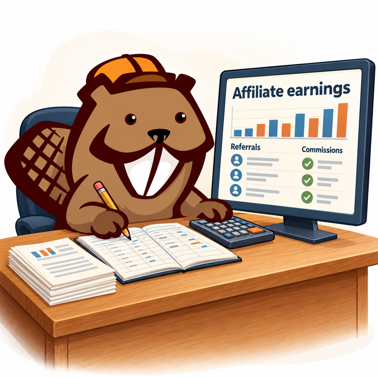 Beaver Builder mascot reviewing affiliate referrals and commissions at a desk with a ledger and calculator.
