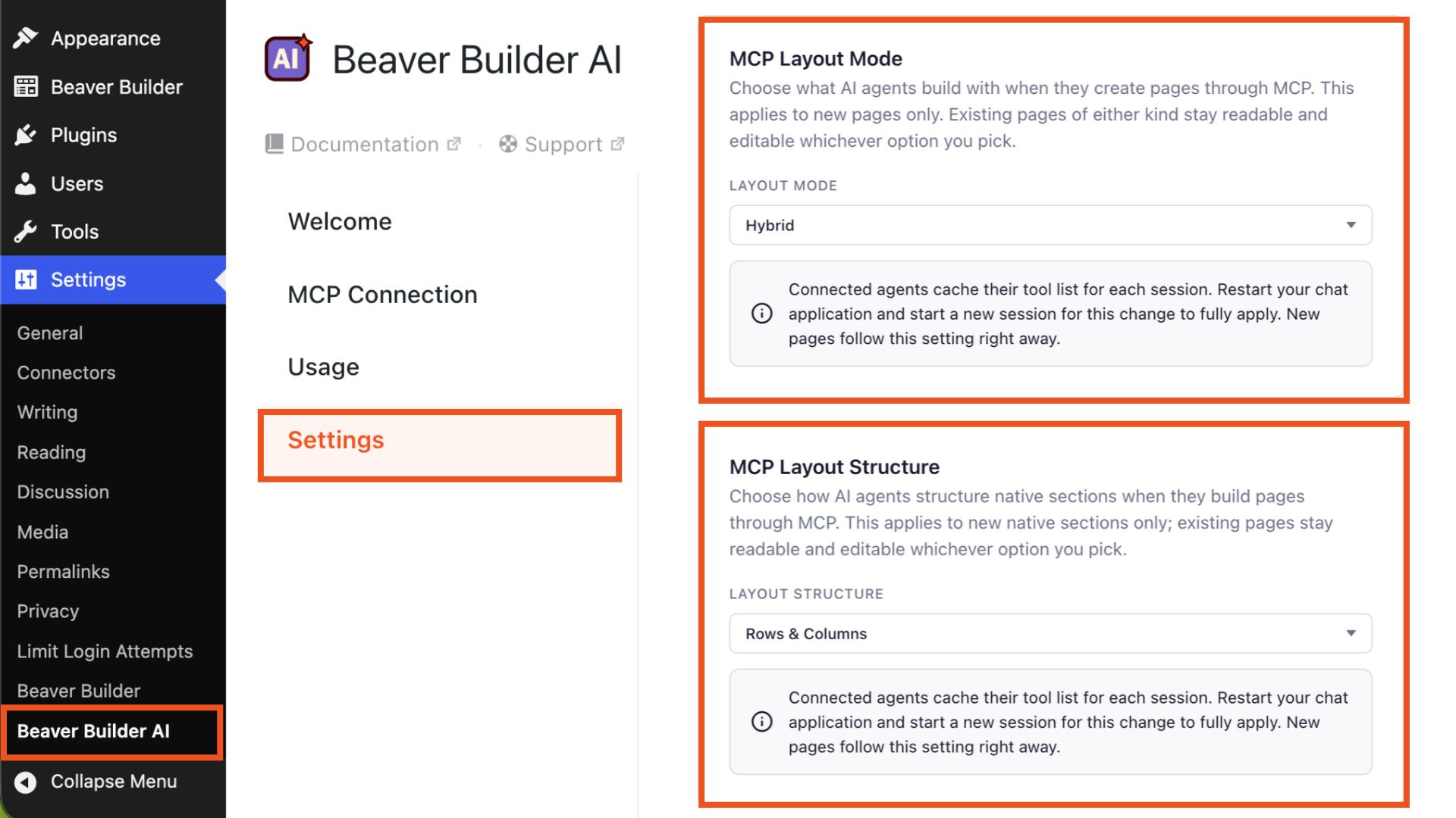 beaver builder ai settings mcp layout mode and mcp layout structure