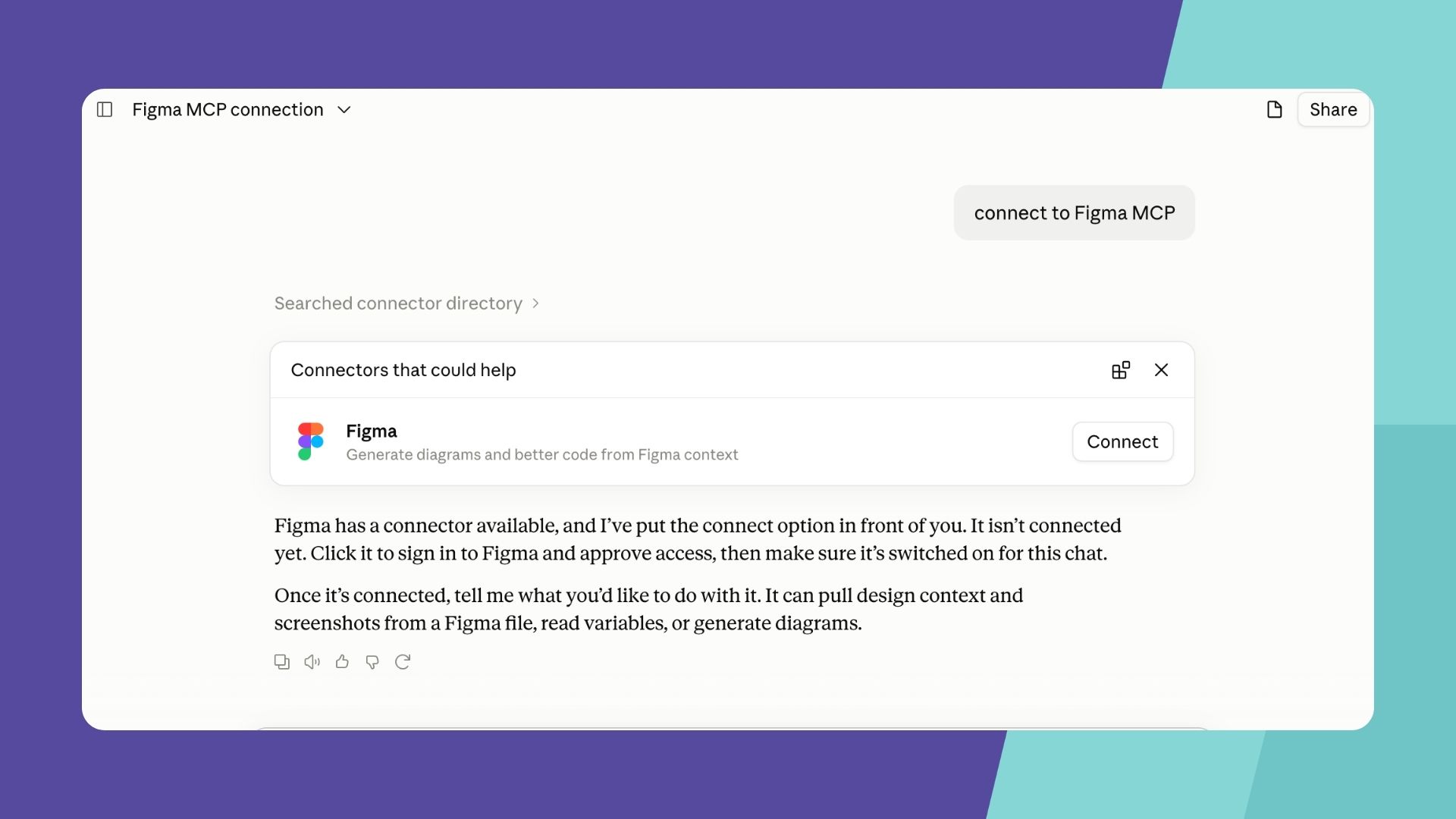 Claude shows a Connect button for the Figma connector.